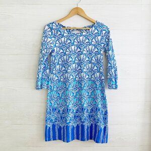 Lilly Pulitzer - Bay Dress Whisper blue palm open back 3/4 sleeve Pima cotton S